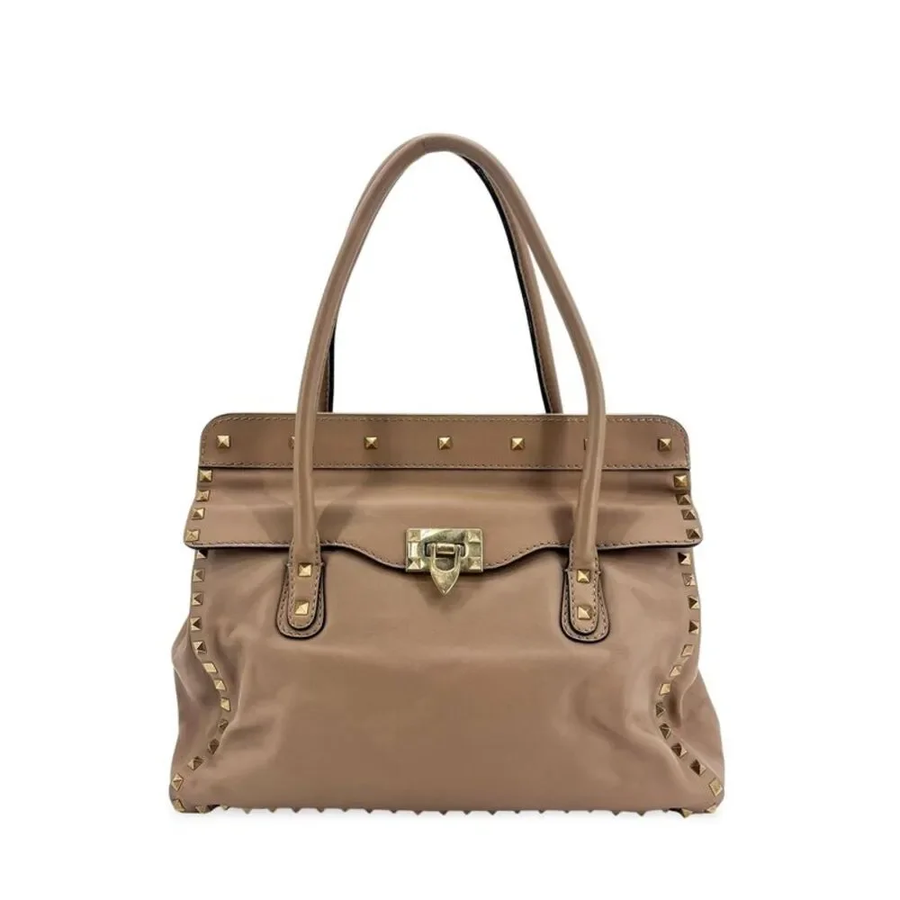 Valentino Garavani Rockstud Double Handle Tote Bag Taupe Beige
